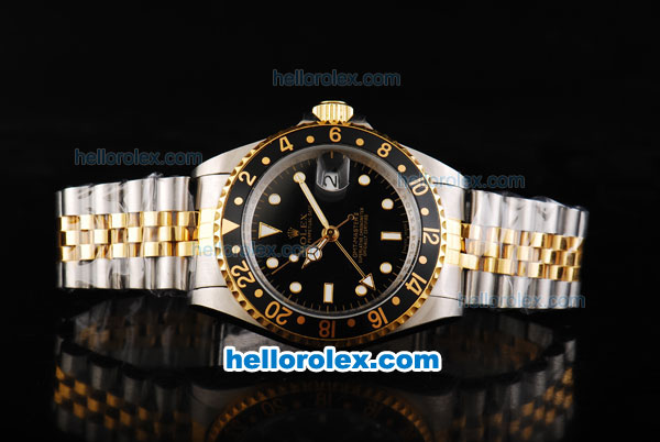 Rolex GMT Master II Automatic Movement Black Dial with Black Bezel and White Markers-Two Tone Strap - Click Image to Close